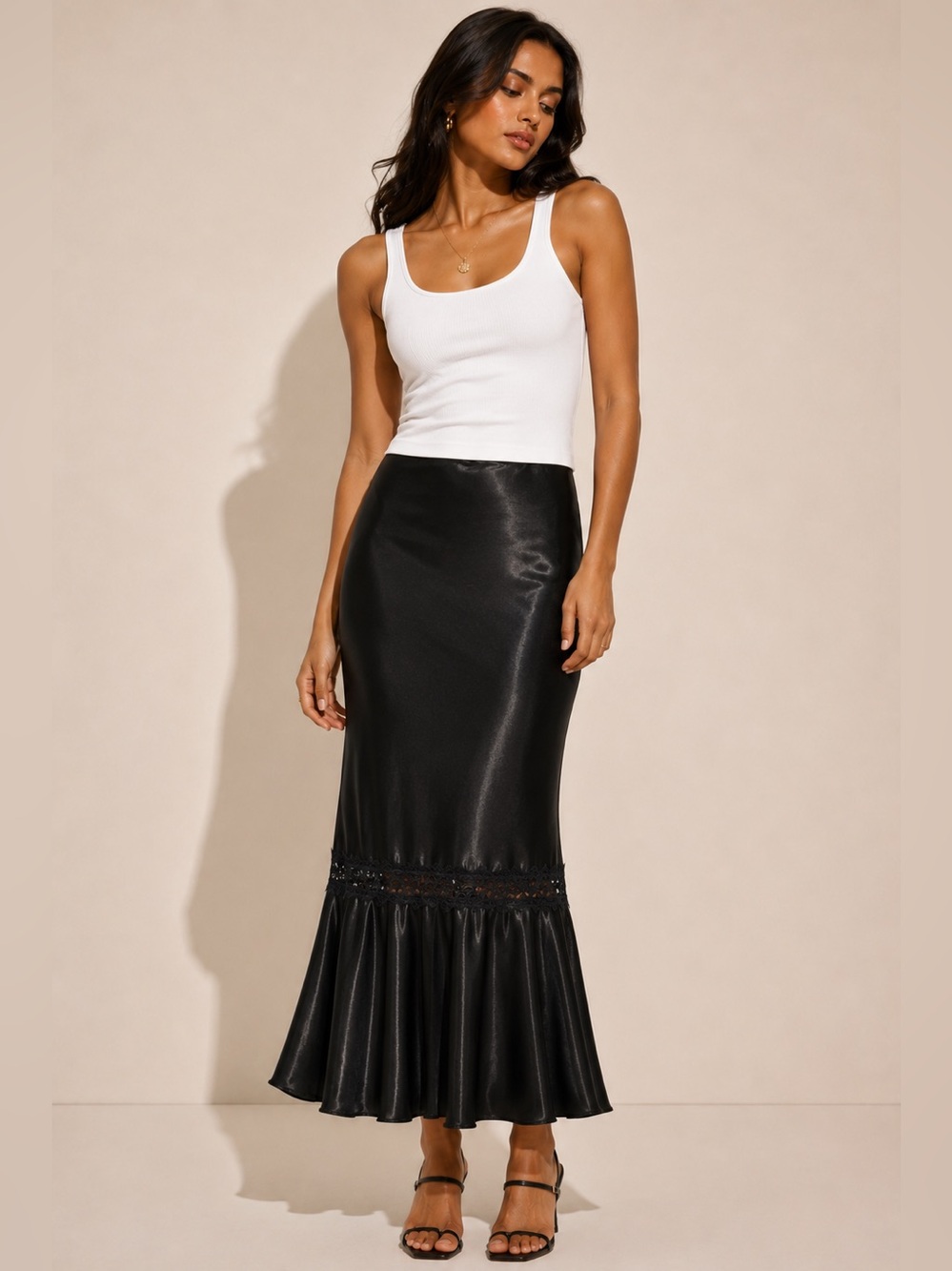 Adiva Skirt Black Midi Satin Lace Slip Flowy Long Size XL NWT